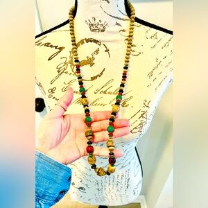 Vintage 32” Boho Jasper Statement Necklace w/ Red, Green & Black Beads